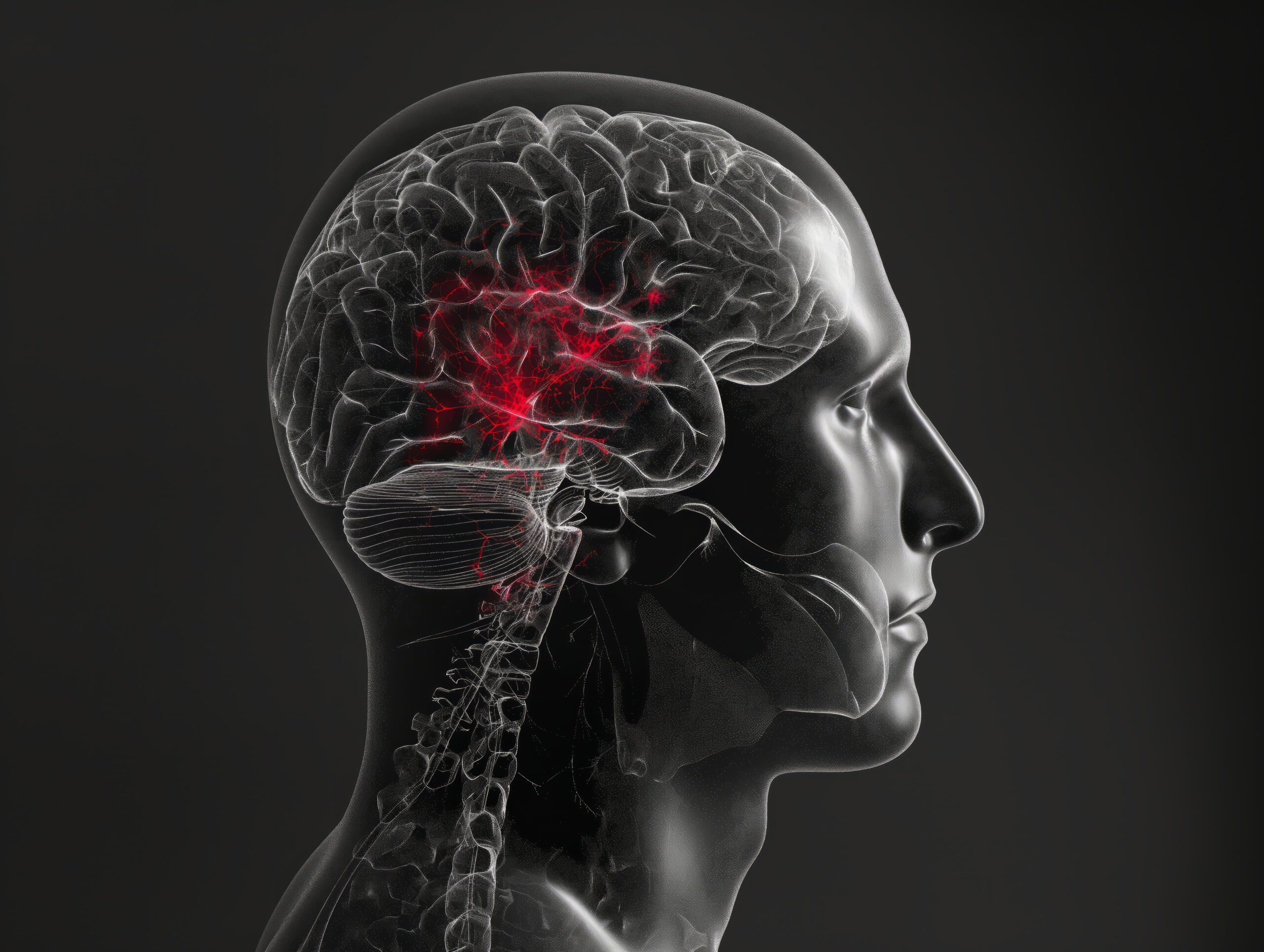 A human head with the brain highlighted in red, showcasing the intricate complexities of the brain structure.